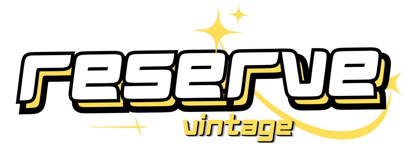 A stylized graphic logo reading 'reserve vintage' in white, black, and yellow on a plain white background.