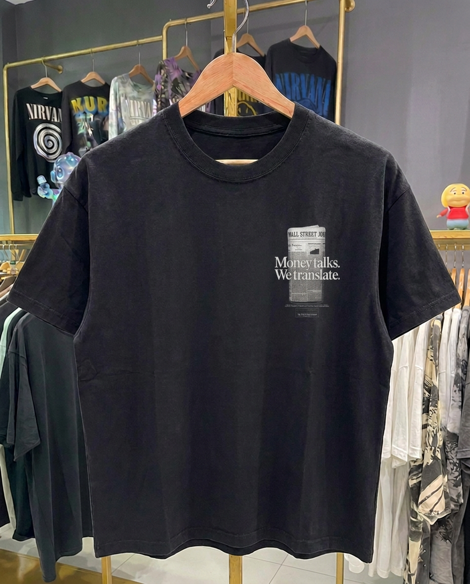 Money Talks we Translate Small Print | Black T-Shirt