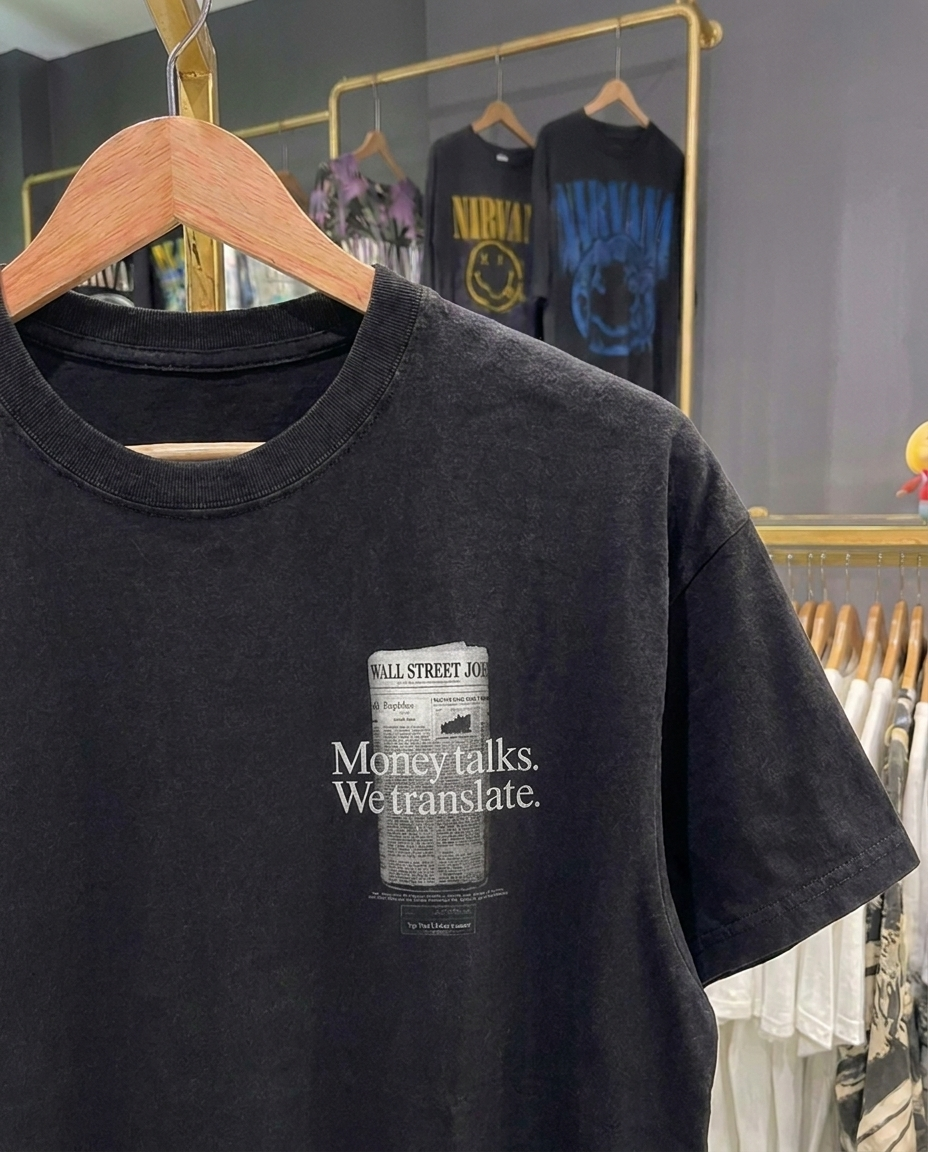 Money Talks we Translate Small Print | Black T-Shirt
